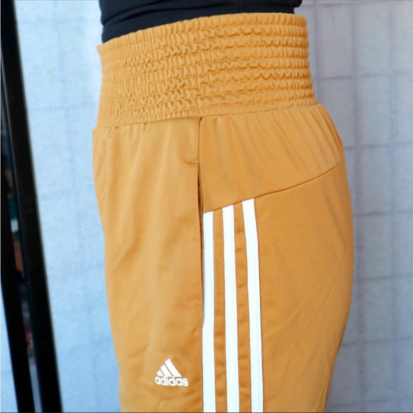 Adidas Track Pants in Gold with White Stripes slight flare - Picture 2 of 12